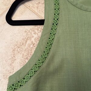 Green Sleeveless Linen Dress with Lace Trim